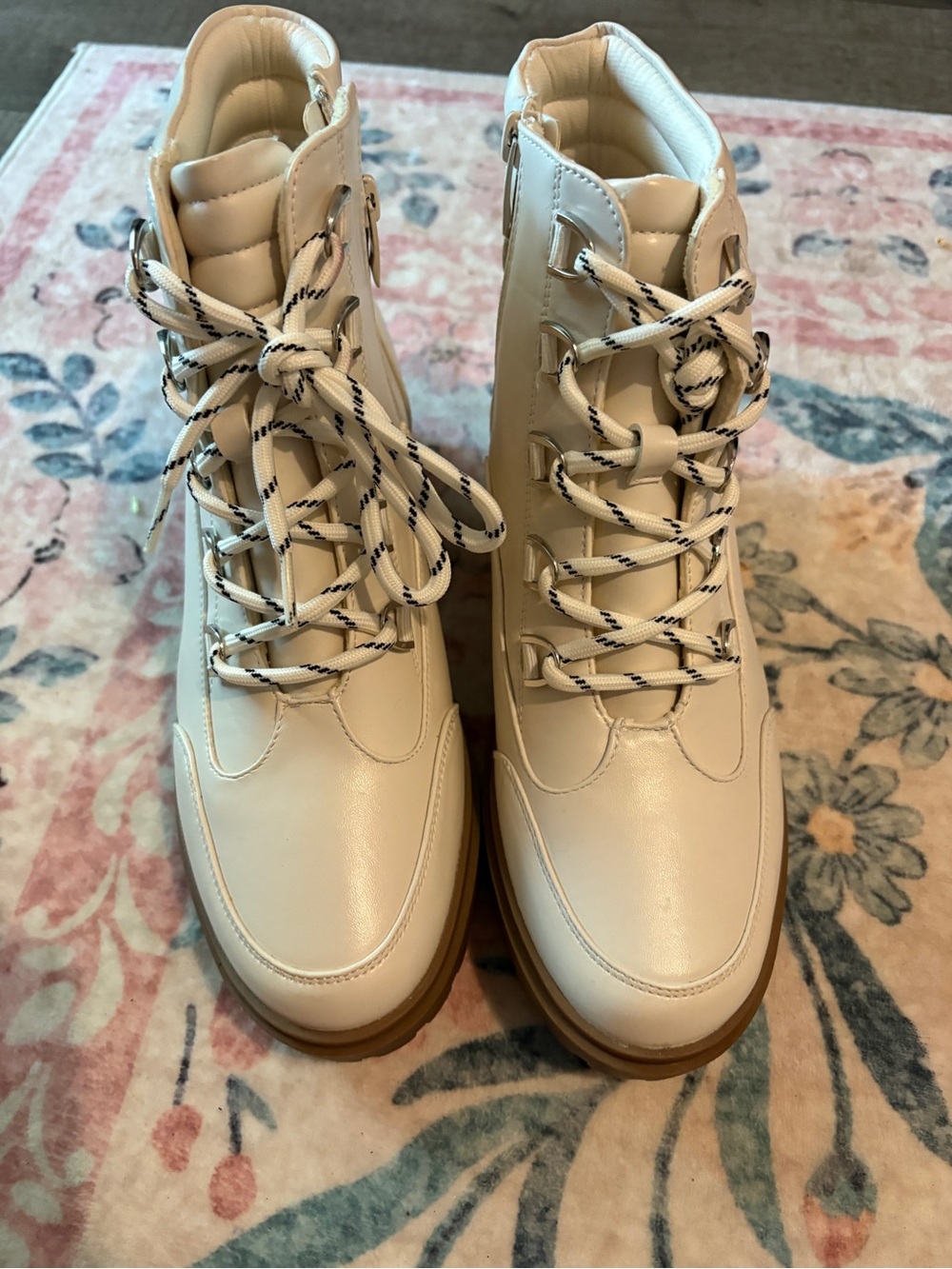 Women's Cream Lace-Up Hiking Combat Boots - Brand Top Moda